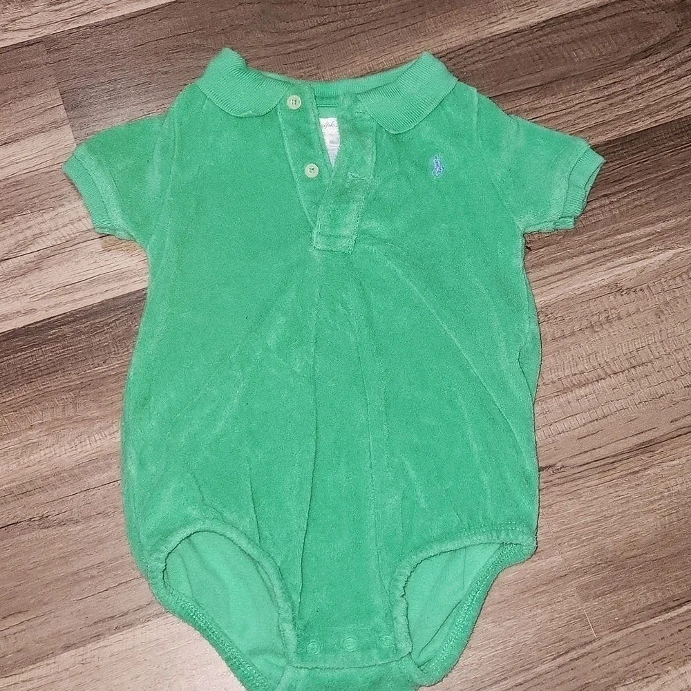 Ralph Lauren Green Terry Cloth Onesie with matching Peacock Leggings Size 9mo